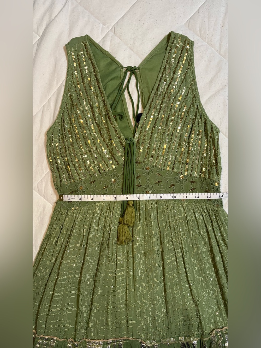NWT Gorgeous Sage Green and Gold Resort Luxe Tiered Embellished Maxi Dress - Picture 13 of 16